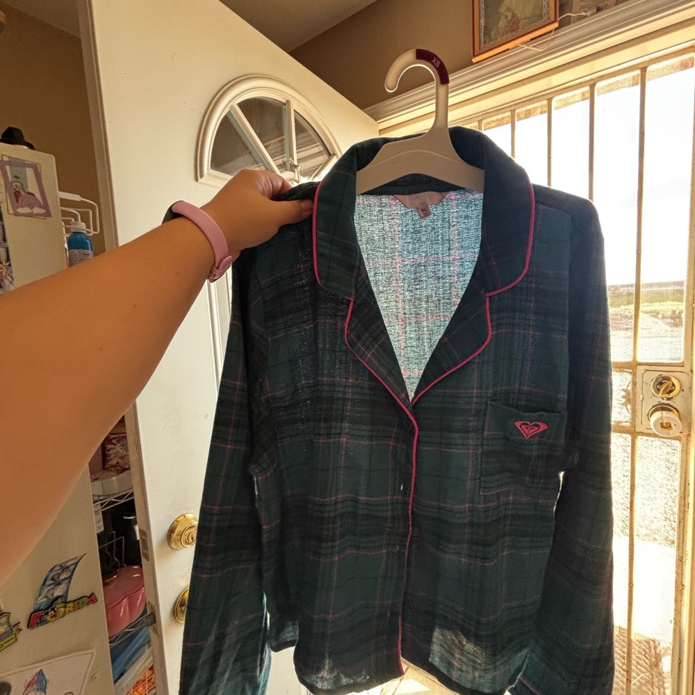 Roxy Dark Green Plaid Pajama Top with Pink Accents